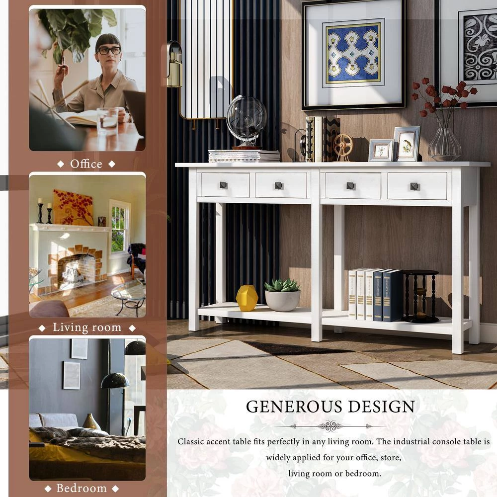 Rustic 59 in. Rectangle Ivory White Wood Console Table with Drawers by Qualfurn 7 Rustic 59 in. Rectangle Ivory White Wood Console Table with Drawers by Qualfurn - Image 5