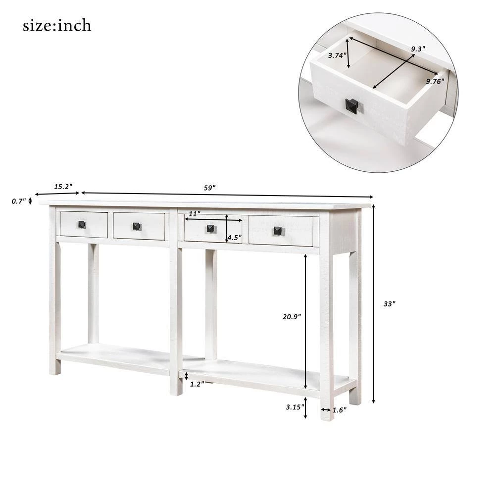 Rustic 59 in. Rectangle Ivory White Wood Console Table with Drawers by Qualfurn 11 Rustic 59 in. Rectangle Ivory White Wood Console Table with Drawers by Qualfurn - Image 9