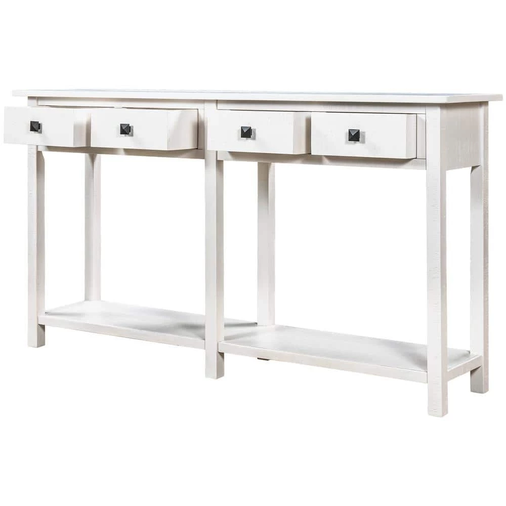 Rustic 59 in. Rectangle Ivory White Wood Console Table with Drawers by Qualfurn 4 Rustic 59 in. Rectangle Ivory White Wood Console Table with Drawers by Qualfurn - Image 2