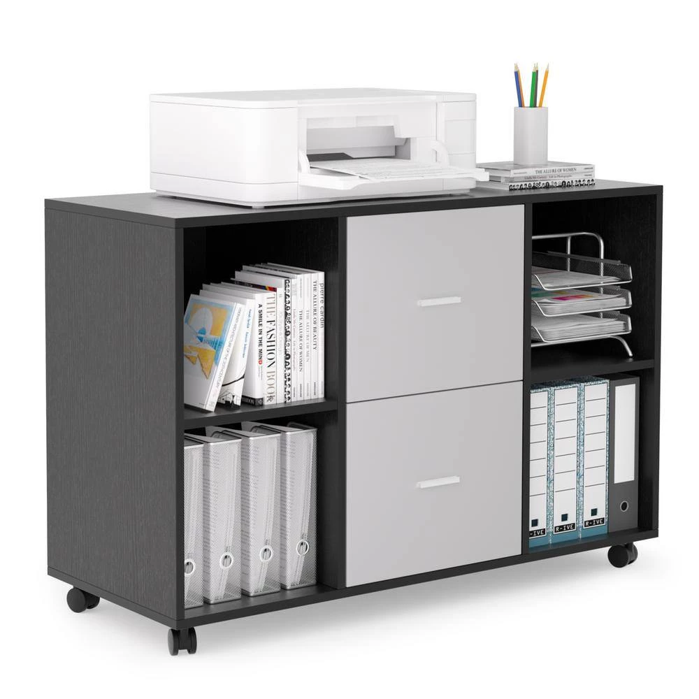 Light Grey Mobile Lateral Filing Cabinet with 360° swivel casters 2 Drawers and 4 open Storage Cabinets by VERYKE 5 Light Grey Mobile Lateral Filing Cabinet with 360° swivel casters 2 Drawers and 4 open Storage Cabinets by VERYKE - Image 3