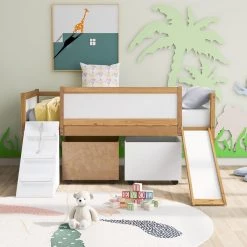 Natural Twin Size Low Loft Bed Wooden Bed with 2-Storage Boxes by Qualfurn -Greenington Shop natural qualfurn loft beds ble000175d 31 1000