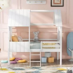White Twin Size Low Loft Bed House Bed with 2-Side Windows by Qualfurn -Greenington Shop normal white qualfurn loft beds ble000037f 31 1000