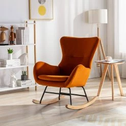 Orange Velvet Fabric Padded Seat Rocking Chair Tubchair Aarmchair with High Backrest and Armrests by VERYKE -Greenington Shop orange veryke accent chairs yb w67640670 31 1000