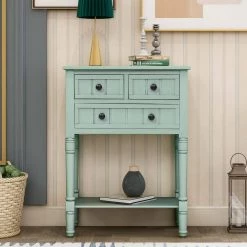 24 in. Rectangle Retro Blue Wood Console Table with 3-Storage Drawers by Qualfurn -Greenington Shop retro blue qualfurn console tables ctm192646c 31 1000