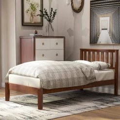 Brown Wood Frame Twin Platform Bed with Headboard/Wood Slat Support by VERYKE -Greenington Shop walnut veryke platform beds db wf191770aad 31 1000