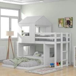 White Twin Over Full House Style Bunk Bed by Qualfurn