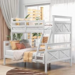 White Twin over Full Bunk Bed with Ladder by Qualfurn -Greenington Shop white qualfurn bunk beds bwm000118k 1 c3 1000
