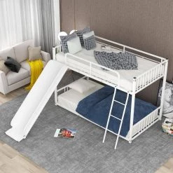White Twin over Twin Metal Bunk Bed with Slide by Qualfurn -Greenington Shop white qualfurn bunk beds bwm285671k 31 1000