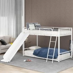 White Twin over Twin Metal Bunk Bed with Slide by Qualfurn -Greenington Shop white qualfurn bunk beds bwm285671k c3 1000