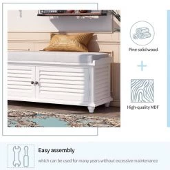 Louver Design White Storage Bench with Removable Cushion by Qualfurn -Greenington Shop white qualfurn dining benches btm199316k fa 1000