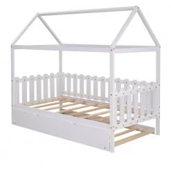 White Twin Size Fence-shaped Guardrail House Bed with trundle by Qualfurn 16 White Twin Size Fence-shaped Guardrail House Bed with trundle by Qualfurn -Greenington Shop white qualfurn kids beds bwm000226k 4f 1000