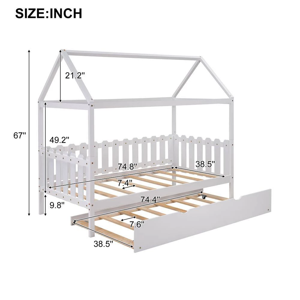 White Twin Size Fence-shaped Guardrail House Bed with trundle by Qualfurn 11 White Twin Size Fence-shaped Guardrail House Bed with trundle by Qualfurn - Image 9
