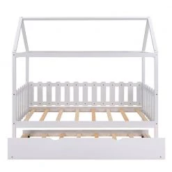 White Twin Size Fence-shaped Guardrail House Bed with trundle by Qualfurn 15 White Twin Size Fence-shaped Guardrail House Bed with trundle by Qualfurn -Greenington Shop white qualfurn kids beds bwm000226k c3 1000