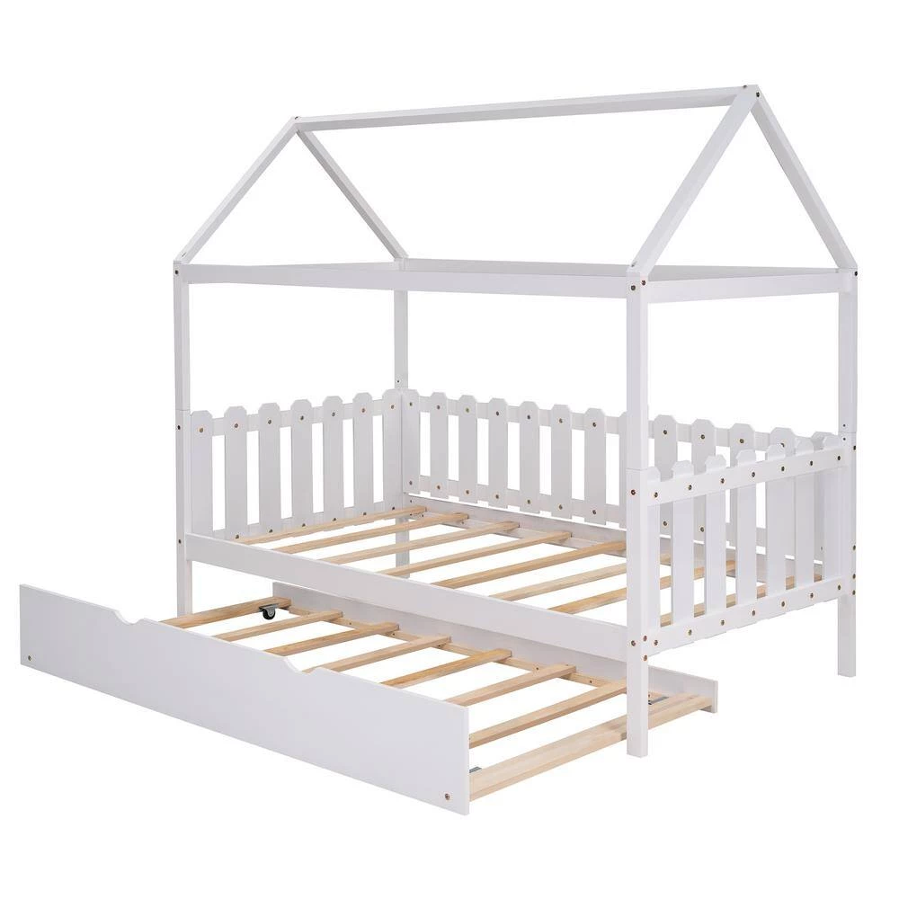 White Twin Size Fence-shaped Guardrail House Bed with trundle by Qualfurn 4 White Twin Size Fence-shaped Guardrail House Bed with trundle by Qualfurn - Image 2