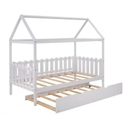 White Twin Size Fence-shaped Guardrail House Bed with trundle by Qualfurn 19 White Twin Size Fence-shaped Guardrail House Bed with trundle by Qualfurn -Greenington Shop white qualfurn kids beds bwm000226k fa 1000
