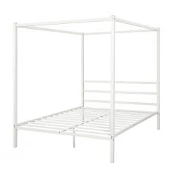 White Queen Metal Framed Canopy Platform Bed with Built-in Headboard by Qualfurn