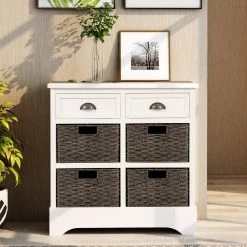 White Wood Rustic Storage Cabinet with 2 Drawers and 4 Classic Rattan Basket by VERYKE -Greenington Shop white veryke accent cabinets yb wf193442aak 31 1000