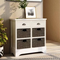 White Wood Rustic Storage Cabinet with 2 Drawers and 4 Classic Rattan Basket by VERYKE -Greenington Shop white veryke accent cabinets yb wf193442aak 4f 1000
