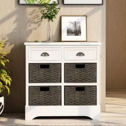 White Wood Rustic Storage Cabinet with 2 Drawers and 4 Classic Rattan Basket by VERYKE -Greenington Shop white veryke accent cabinets yb wf193442aak c3 1000
