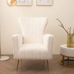 White Velvet Arm Chair with Cushions by VERYKE -Greenington Shop white veryke accent chairs db w56140037 76 1000