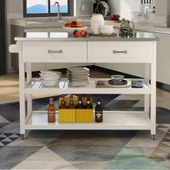 White Stainless Steel Table Top White Kitchen Car with 2-Drawers by VERYKE -Greenington Shop white veryke bar carts db w28218593 31 1000