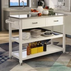 White Stainless Steel Table Top White Kitchen Car with 2-Drawers by VERYKE -Greenington Shop white veryke bar carts db w28218593 fa 1000