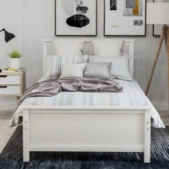 White Wood FrameTwin Platform Bed with Headboard, Footboard and Wood Slat Support by VERYKE -Greenington Shop white veryke platform beds db wf191769aak 76 1000