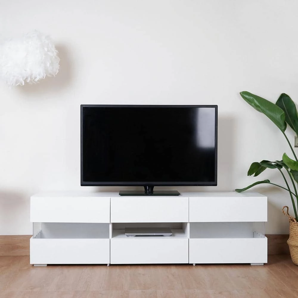 62.99 in. White Modern Minimalist LED Light TV Stand TV Cabinet with 4 Open Shelves and 2 Doors Fits TV's up to 78 in. by VERYKE 4 62.99 in. White Modern Minimalist LED Light TV Stand TV Cabinet with 4 Open Shelves and 2 Doors Fits TV's up to 78 in. by VERYKE - Image 2