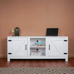 57.87 in. White Modern Farmhouse Double Barn Door TV Stand Entertainment Center with Open Shelves Fits TV's up to 65 in. by VERYKE -Greenington Shop white veryke tv stands yb w118042181 31 1000