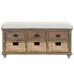 White Washed Rustic Storage Bench with 3-Drawers and 3-Rattan Baskets 42.1 in. W x 15.4 in. D x 18.7 in. H by Qualfurn